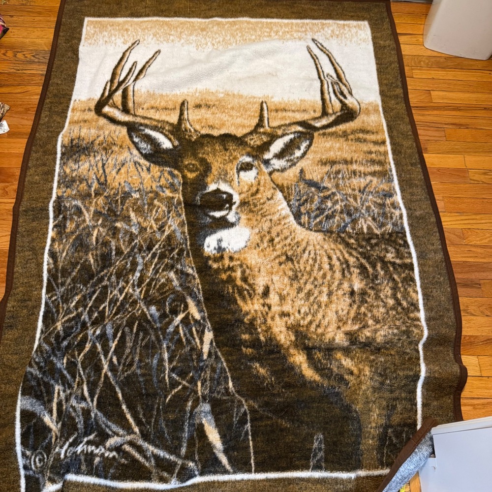 Vintage Biederlack Blanket 52x74 Brown Deer Buck Wildlife Reversible USA Throw